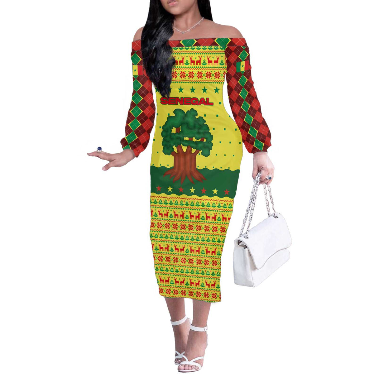 Senegal Christmas Off The Shoulder Long Sleeve Dress with Yellow-Green-Red Design, Baobab Tree, and National Coat of Arms Motif - Wonder Print Shop