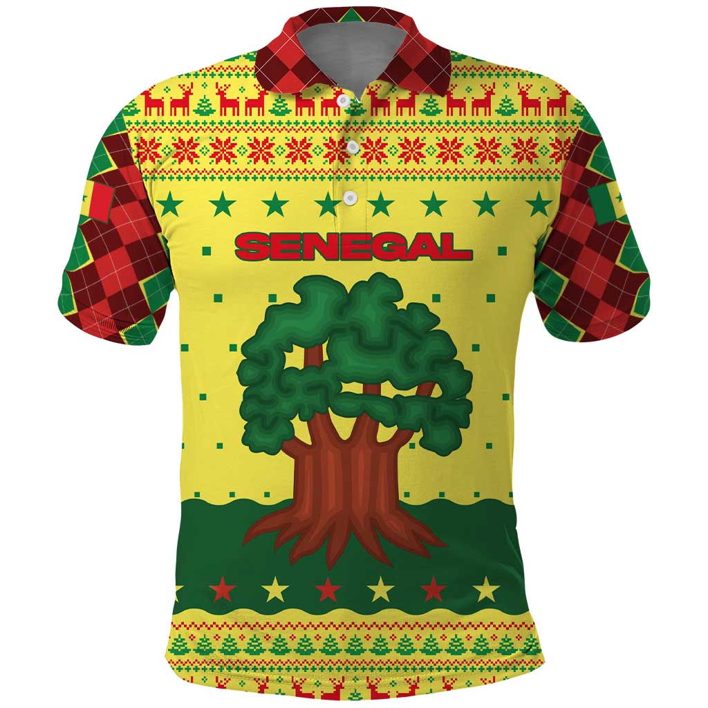 Senegal Christmas Polo Shirt with Yellow-Green-Red Design, Baobab Tree, and National Coat of Arms Motif - Wonder Print Shop