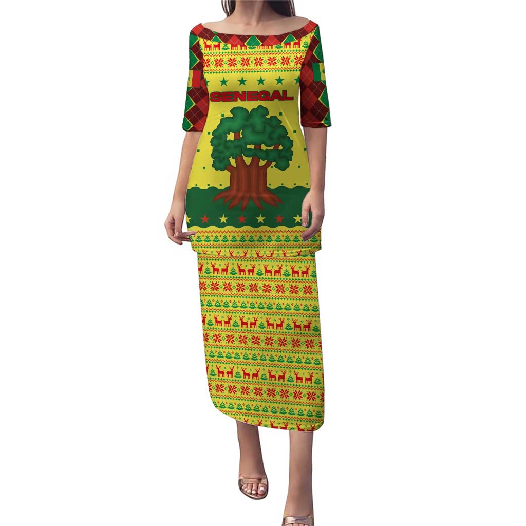 Senegal Christmas Puletasi with Yellow-Green-Red Design, Baobab Tree, and National Coat of Arms Motif - Wonder Print Shop