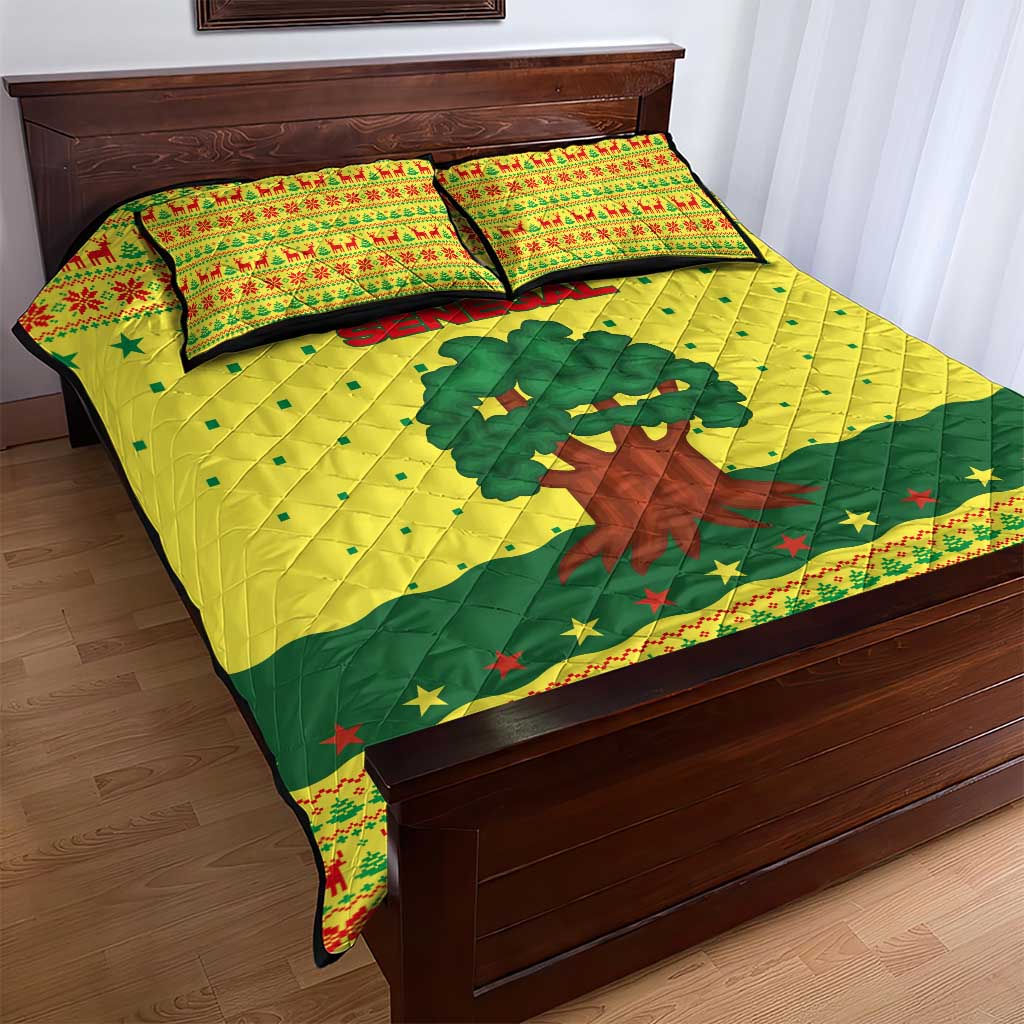 Senegal Christmas Quilt Bed Set with Yellow-Green-Red Design, Baobab Tree, and National Coat of Arms Motif - Wonder Print Shop