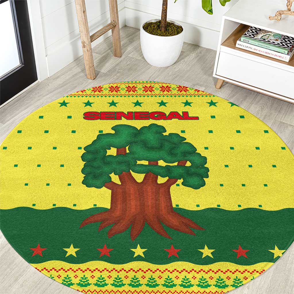 Senegal Christmas Round Carpet with Yellow-Green-Red Design, Baobab Tree, and National Coat of Arms Motif - Wonder Print Shop