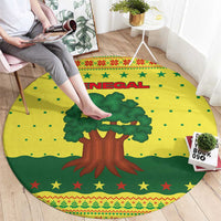 Senegal Christmas Round Carpet with Yellow-Green-Red Design, Baobab Tree, and National Coat of Arms Motif - Wonder Print Shop