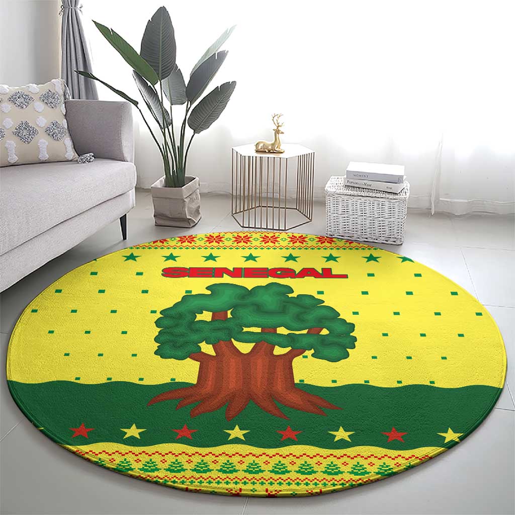 Senegal Christmas Round Carpet with Yellow-Green-Red Design, Baobab Tree, and National Coat of Arms Motif - Wonder Print Shop