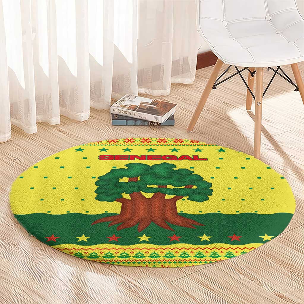 Senegal Christmas Round Carpet with Yellow-Green-Red Design, Baobab Tree, and National Coat of Arms Motif - Wonder Print Shop