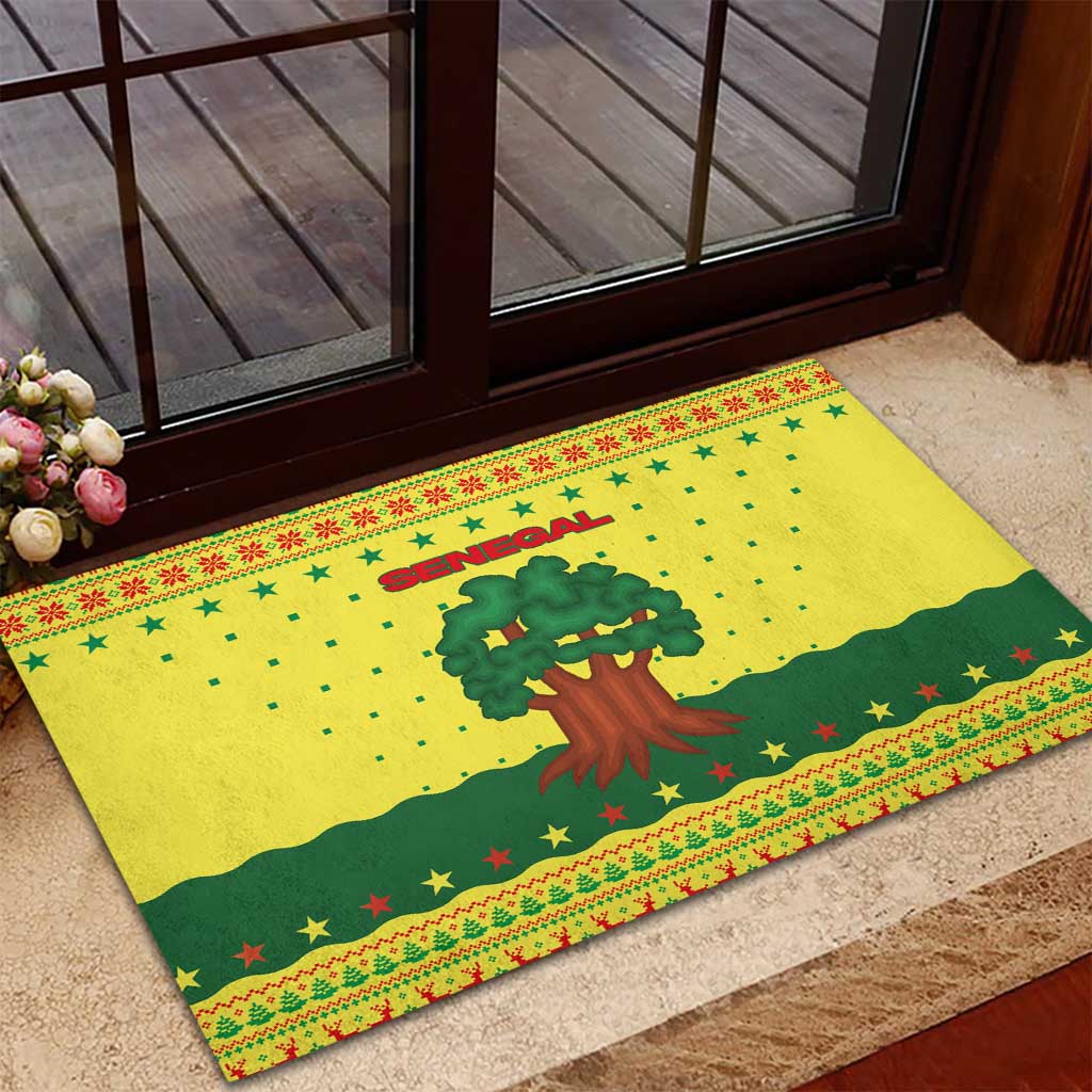 Senegal Christmas Rubber Doormat with Yellow-Green-Red Design, Baobab Tree, and National Coat of Arms Motif - Wonder Print Shop