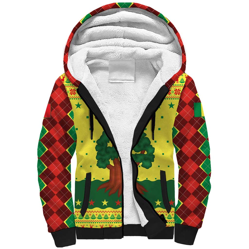 Senegal Christmas Sherpa Hoodie with Yellow-Green-Red Design, Baobab Tree, and National Coat of Arms Motif - Wonder Print Shop