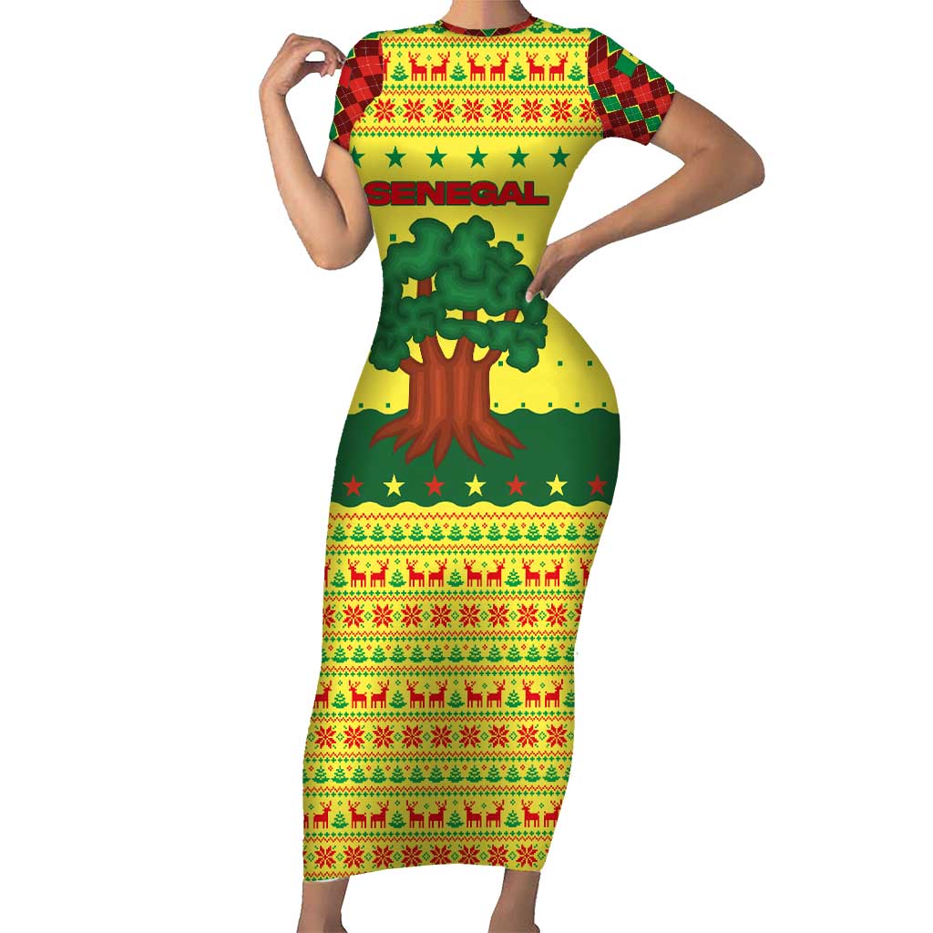 Senegal Christmas Short Sleeve Bodycon Dress with Yellow-Green-Red Design, Baobab Tree, and National Coat of Arms Motif - Wonder Print Shop