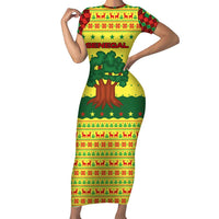 Senegal Christmas Short Sleeve Bodycon Dress with Yellow-Green-Red Design, Baobab Tree, and National Coat of Arms Motif - Wonder Print Shop