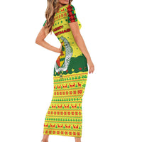 Senegal Christmas Short Sleeve Bodycon Dress with Yellow-Green-Red Design, Baobab Tree, and National Coat of Arms Motif - Wonder Print Shop