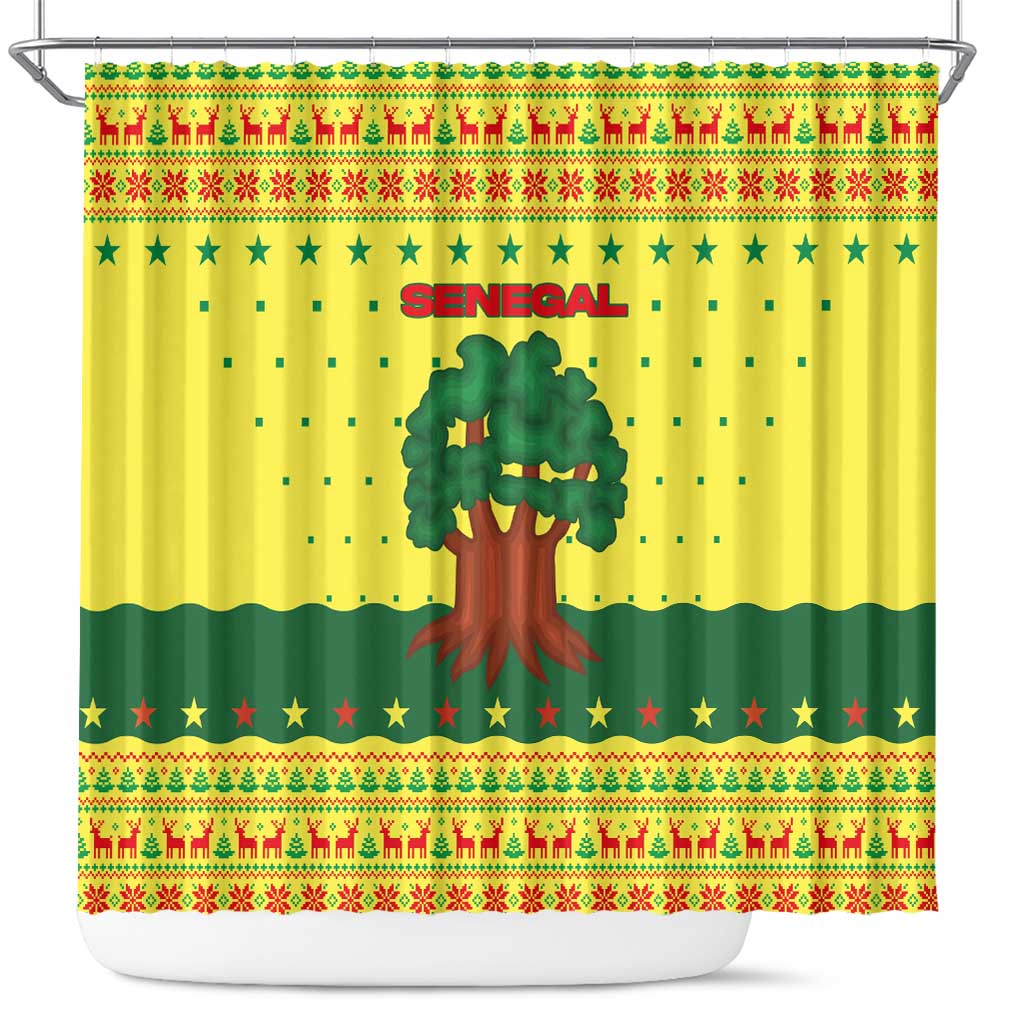 Senegal Christmas Shower Curtain with Yellow-Green-Red Design, Baobab Tree, and National Coat of Arms Motif - Wonder Print Shop