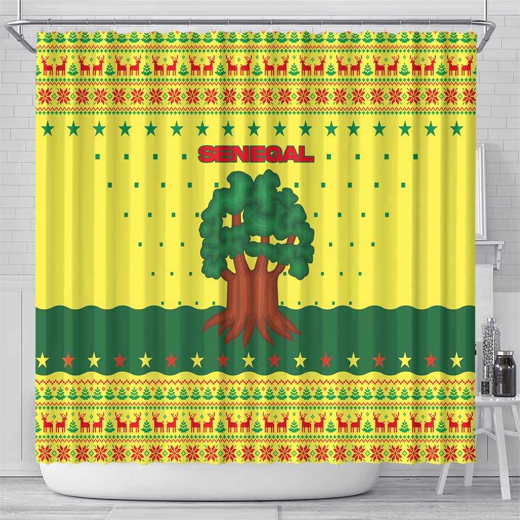 Senegal Christmas Shower Curtain with Yellow-Green-Red Design, Baobab Tree, and National Coat of Arms Motif - Wonder Print Shop