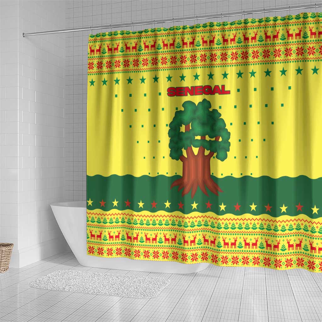 Senegal Christmas Shower Curtain with Yellow-Green-Red Design, Baobab Tree, and National Coat of Arms Motif - Wonder Print Shop