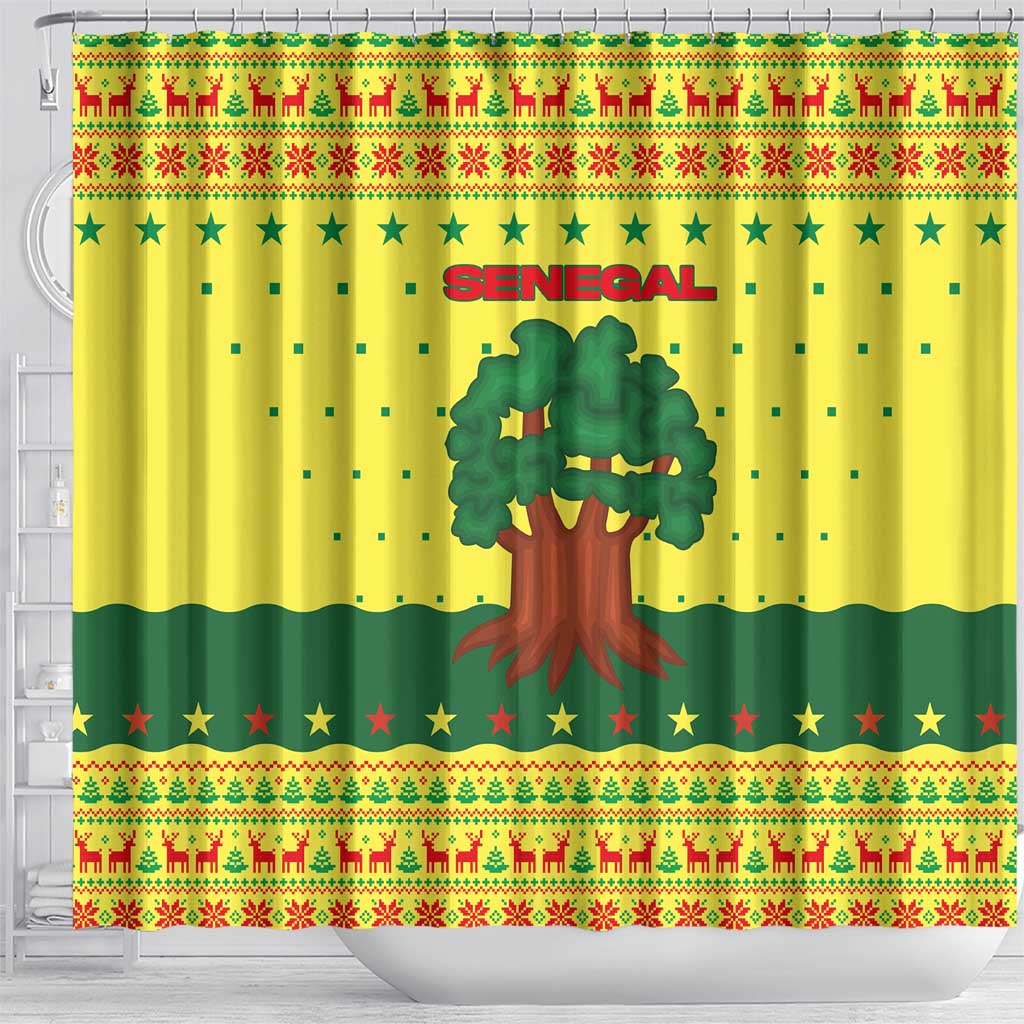 Senegal Christmas Shower Curtain with Yellow-Green-Red Design, Baobab Tree, and National Coat of Arms Motif - Wonder Print Shop