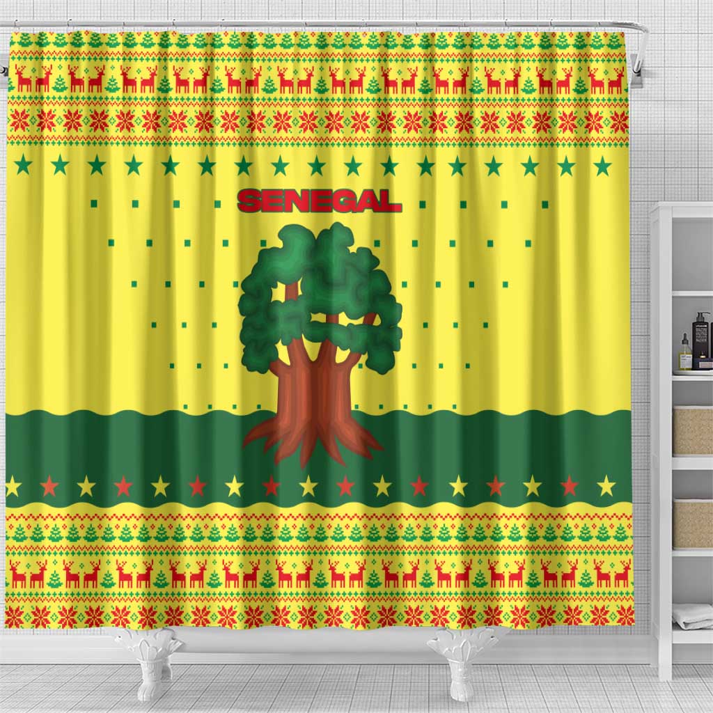 Senegal Christmas Shower Curtain with Yellow-Green-Red Design, Baobab Tree, and National Coat of Arms Motif - Wonder Print Shop