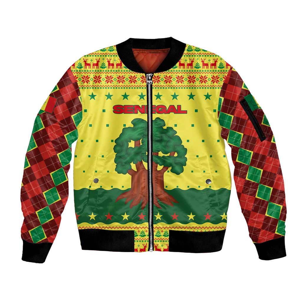 Senegal Christmas Sleeve Zip Bomber Jacket with Yellow-Green-Red Design, Baobab Tree, and National Coat of Arms Motif - Wonder Print Shop