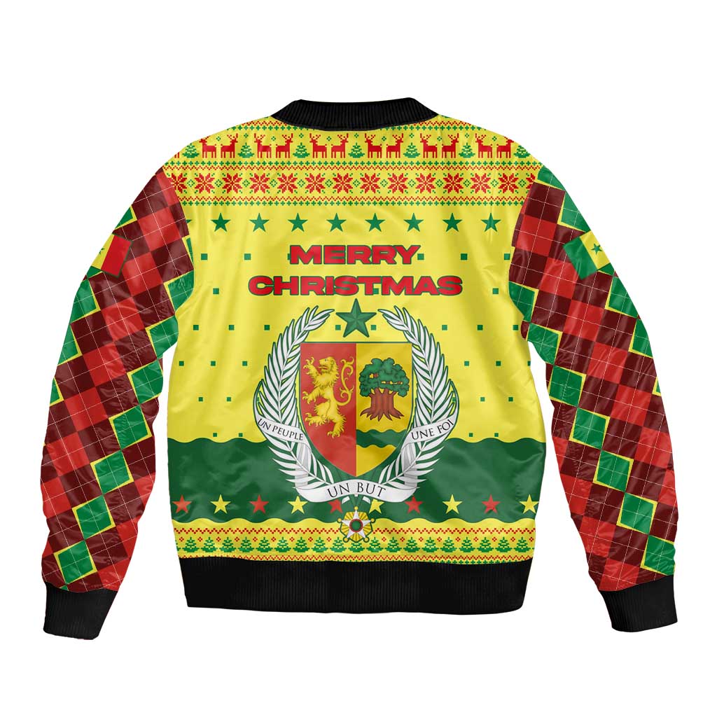 Senegal Christmas Sleeve Zip Bomber Jacket with Yellow-Green-Red Design, Baobab Tree, and National Coat of Arms Motif - Wonder Print Shop