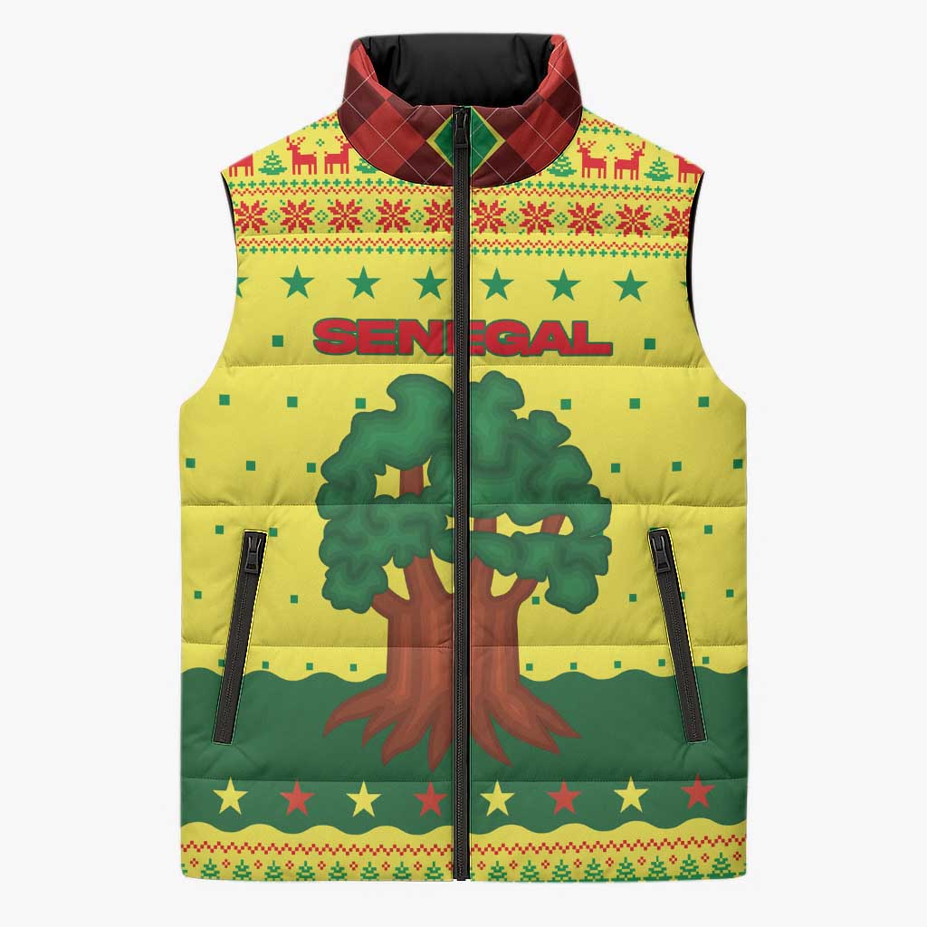 Senegal Christmas Sleeveless Puffer Jacket with Yellow-Green-Red Design, Baobab Tree, and National Coat of Arms Motif - Wonder Print Shop