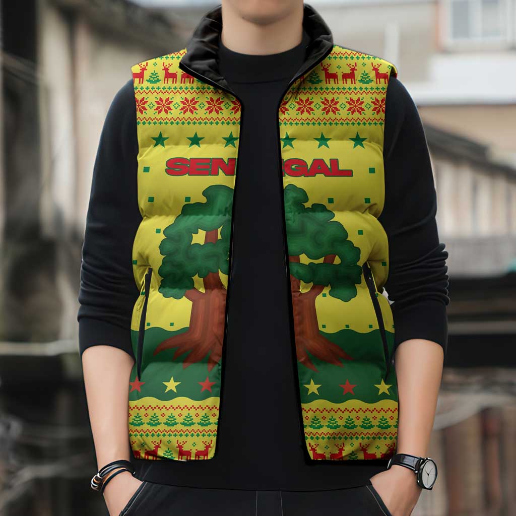 Senegal Christmas Sleeveless Puffer Jacket with Yellow-Green-Red Design, Baobab Tree, and National Coat of Arms Motif - Wonder Print Shop
