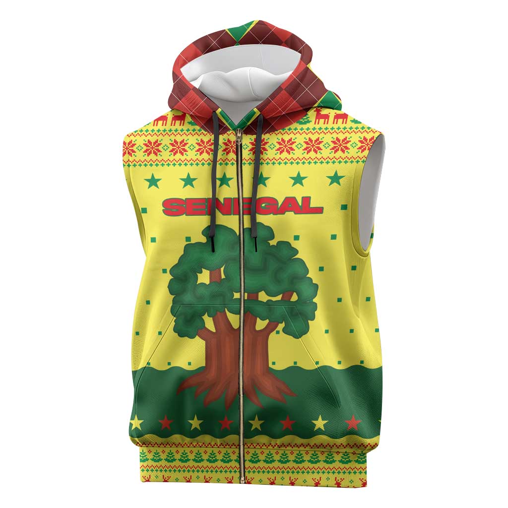 Senegal Christmas Sleeveless Zip Hoodie with Yellow-Green-Red Design, Baobab Tree, and National Coat of Arms Motif - Wonder Print Shop