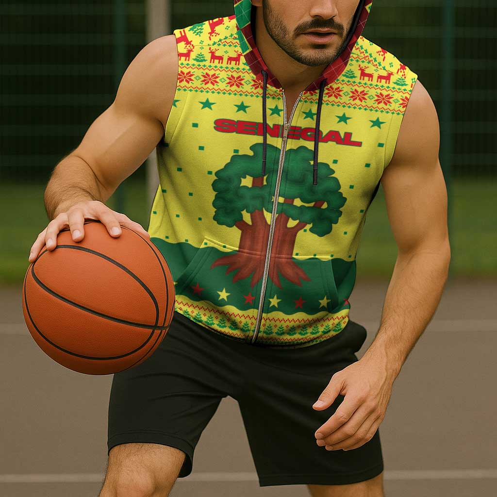 Senegal Christmas Sleeveless Zip Hoodie with Yellow-Green-Red Design, Baobab Tree, and National Coat of Arms Motif - Wonder Print Shop