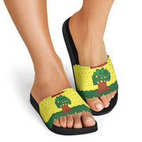 Senegal Christmas Slide Sandals with Yellow-Green-Red Design, Baobab Tree, and National Coat of Arms Motif - Wonder Print Shop