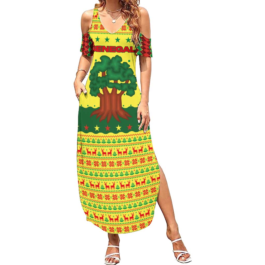 Senegal Christmas Summer Maxi Dress with Yellow-Green-Red Design, Baobab Tree, and National Coat of Arms Motif - Wonder Print Shop