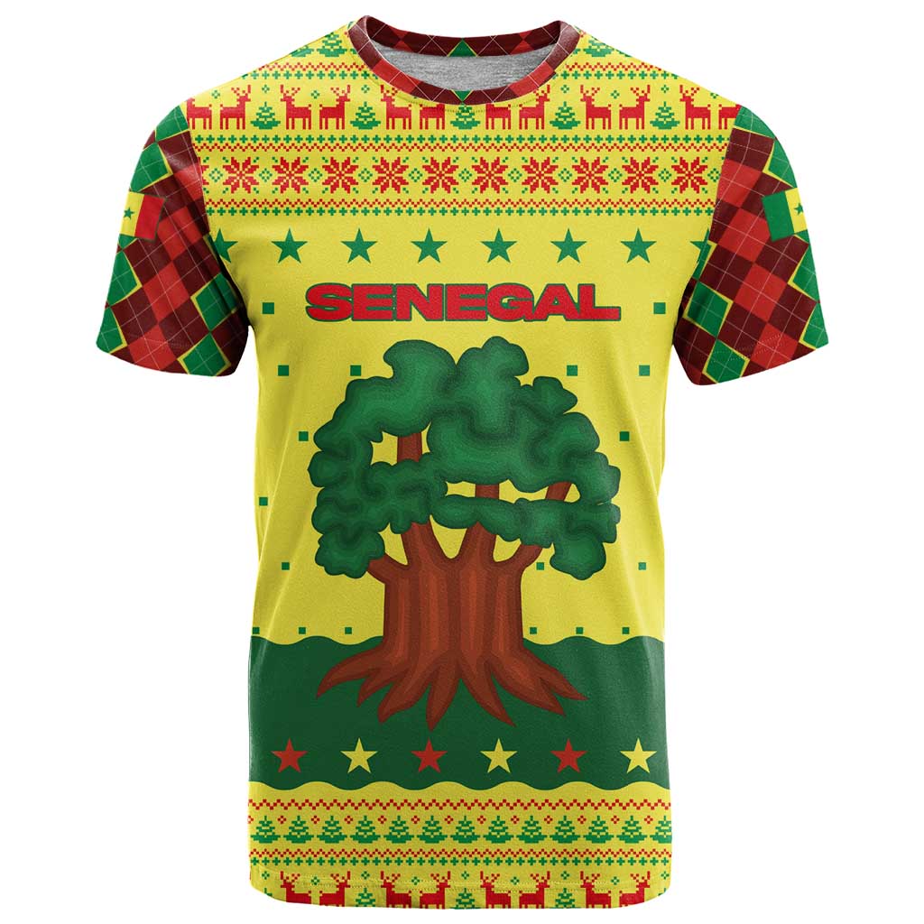 Senegal Christmas T Shirt with Yellow-Green-Red Design, Baobab Tree, and National Coat of Arms Motif - Wonder Print Shop