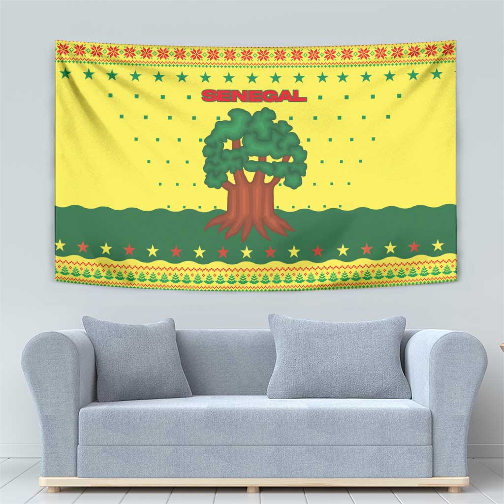 Senegal Christmas Tapestry with Yellow-Green-Red Design, Baobab Tree, and National Coat of Arms Motif - Wonder Print Shop