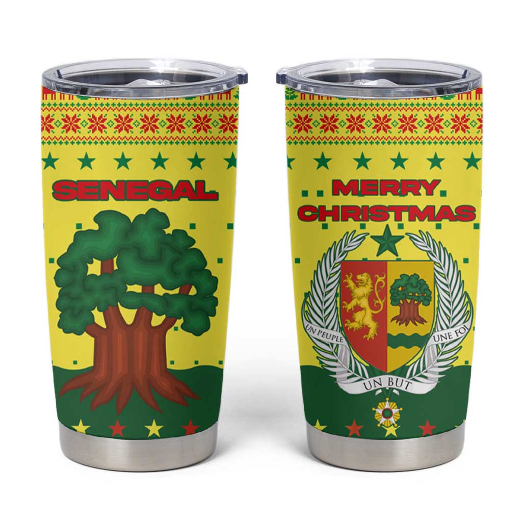 Senegal Christmas Tumbler Cup with Yellow-Green-Red Design, Baobab Tree, and National Coat of Arms Motif - Wonder Print Shop