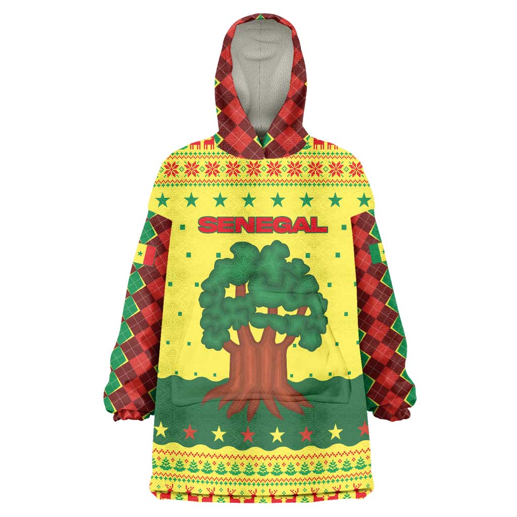 Senegal Christmas Wearable Blanket Hoodie with Yellow-Green-Red Design, Baobab Tree, and National Coat of Arms Motif - Wonder Print Shop