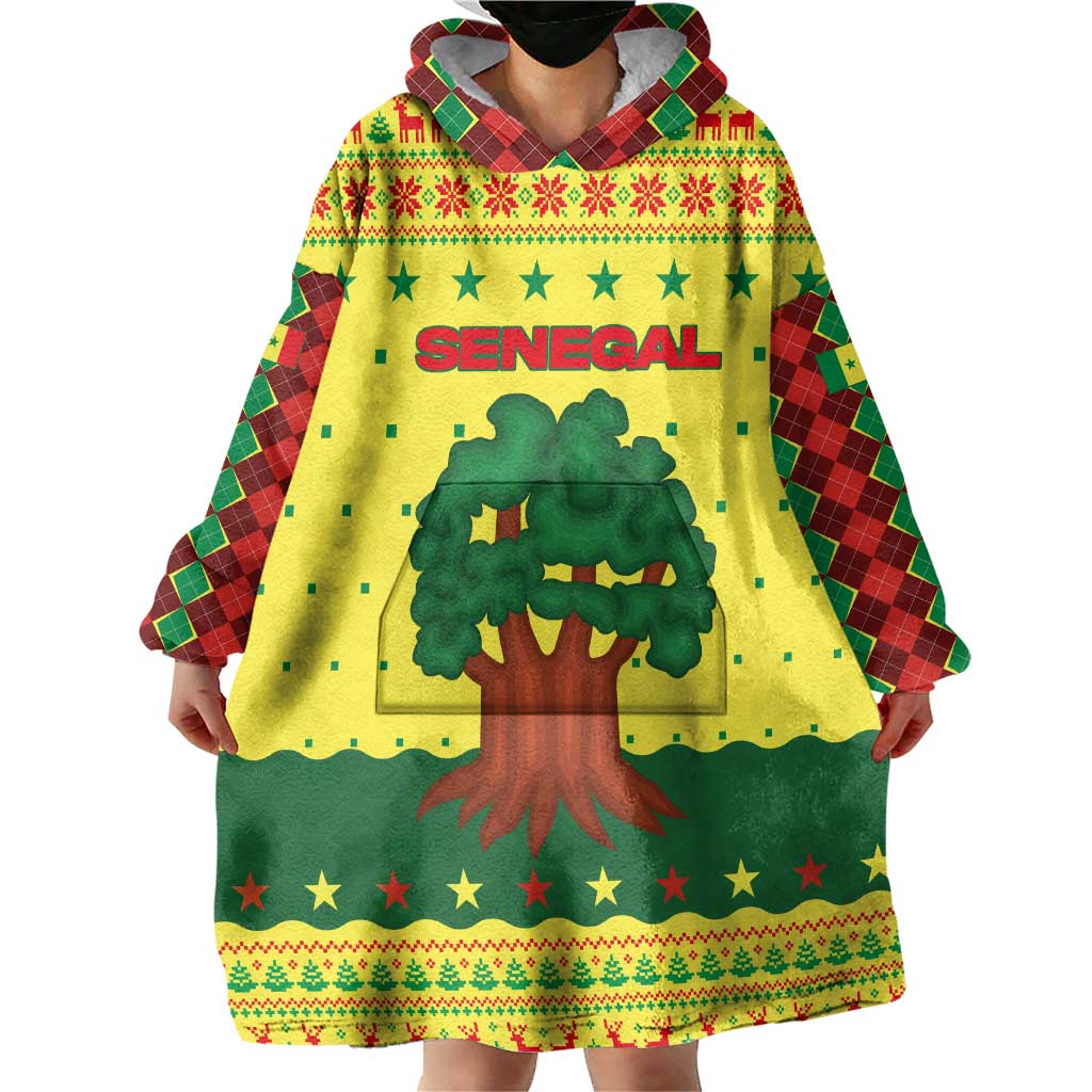 Senegal Christmas Wearable Blanket Hoodie with Yellow-Green-Red Design, Baobab Tree, and National Coat of Arms Motif - Wonder Print Shop