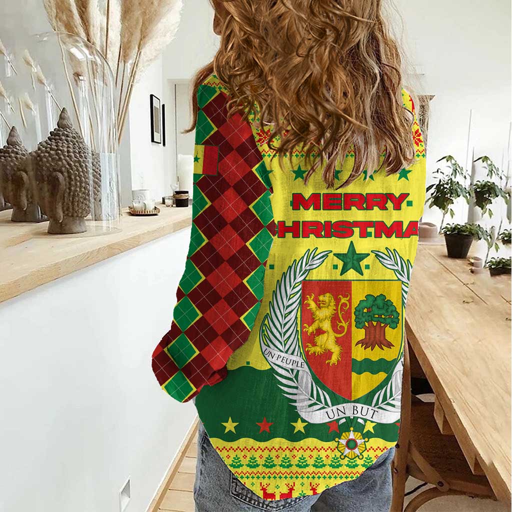 Senegal Christmas Women Casual Shirt with Yellow-Green-Red Design, Baobab Tree, and National Coat of Arms Motif - Wonder Print Shop