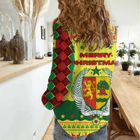 Senegal Christmas Women Casual Shirt with Yellow-Green-Red Design, Baobab Tree, and National Coat of Arms Motif - Wonder Print Shop