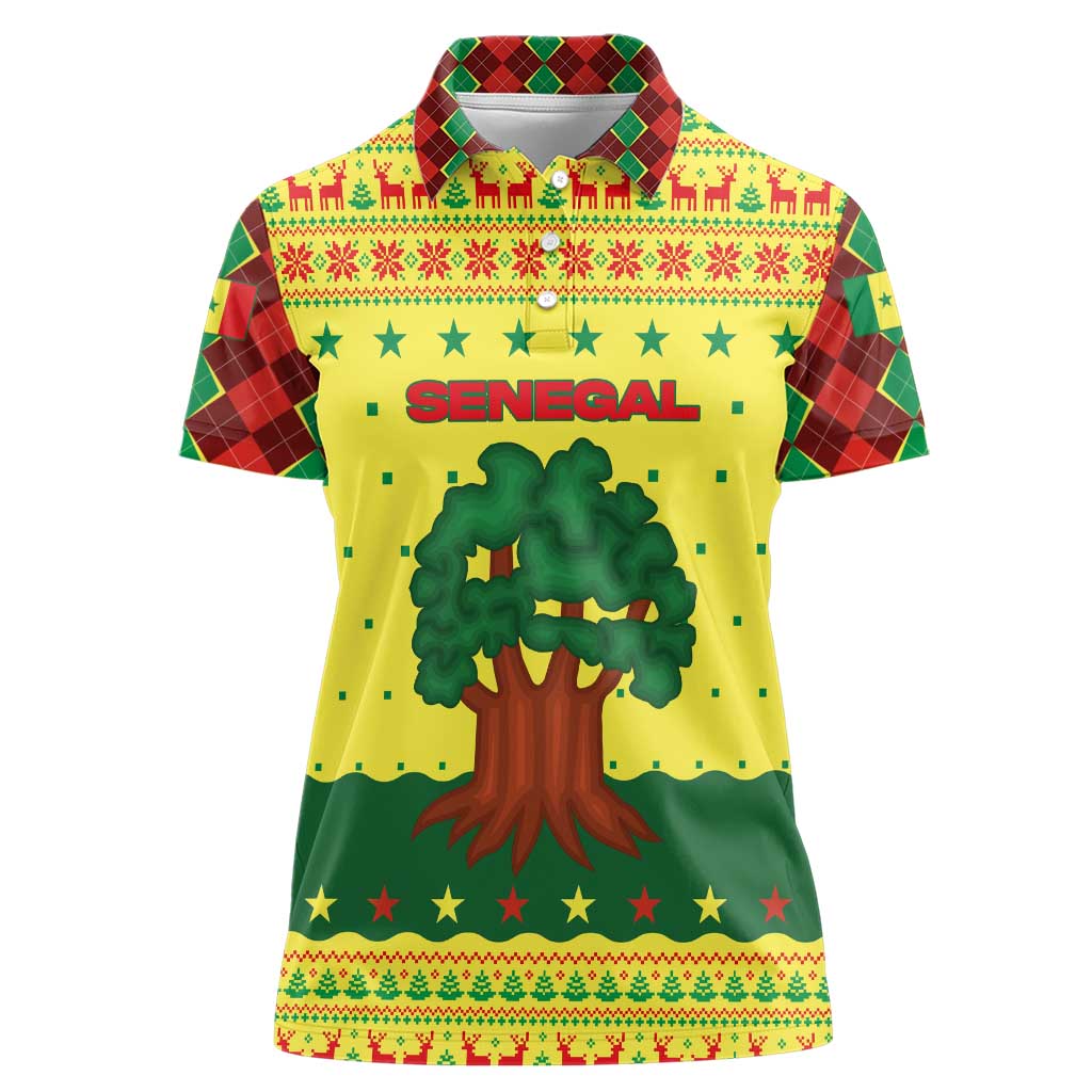 Senegal Christmas Women Polo Shirt with Yellow-Green-Red Design, Baobab Tree, and National Coat of Arms Motif - Wonder Print Shop