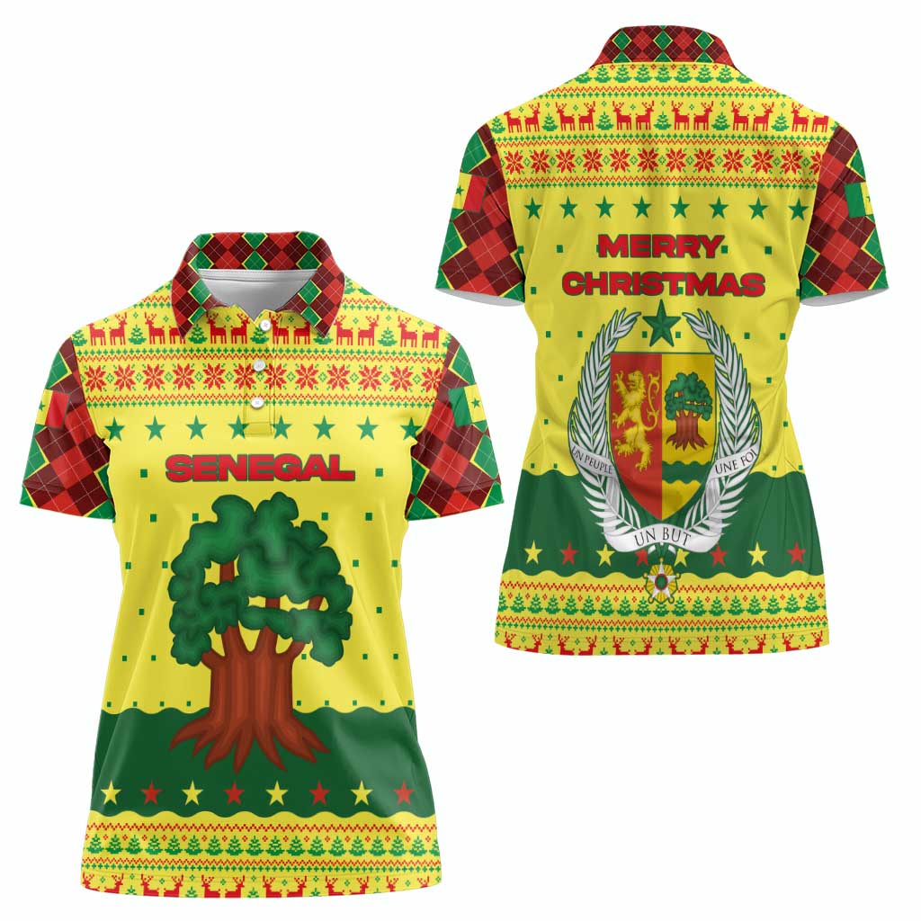 Senegal Christmas Women Polo Shirt with Yellow-Green-Red Design, Baobab Tree, and National Coat of Arms Motif - Wonder Print Shop