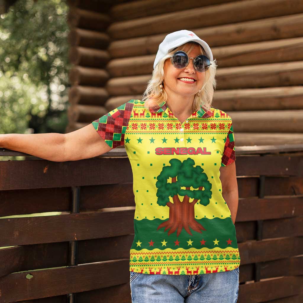 Senegal Christmas Women Polo Shirt with Yellow-Green-Red Design, Baobab Tree, and National Coat of Arms Motif - Wonder Print Shop
