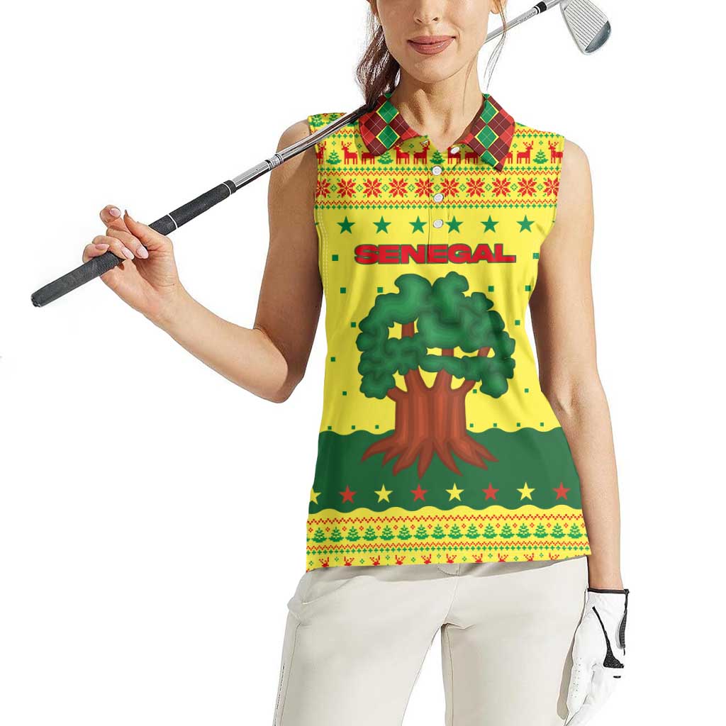 Senegal Christmas Women Sleeveless Polo Shirt with Yellow-Green-Red Design, Baobab Tree, and National Coat of Arms Motif - Wonder Print Shop