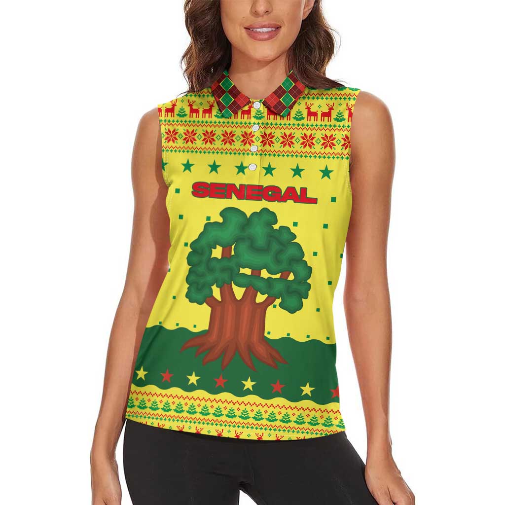 Senegal Christmas Women Sleeveless Polo Shirt with Yellow-Green-Red Design, Baobab Tree, and National Coat of Arms Motif - Wonder Print Shop