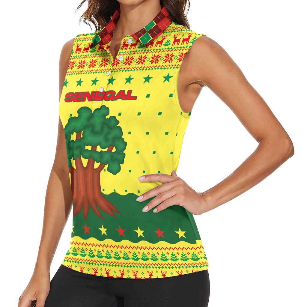Senegal Christmas Women Sleeveless Polo Shirt with Yellow-Green-Red Design, Baobab Tree, and National Coat of Arms Motif - Wonder Print Shop