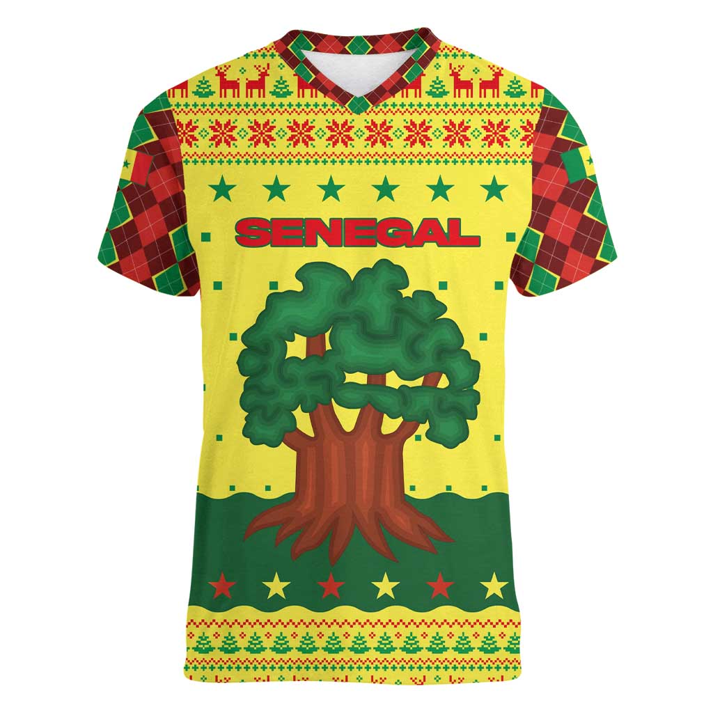 Senegal Christmas Women V-Neck T-Shirt with Yellow-Green-Red Design, Baobab Tree, and National Coat of Arms Motif - Wonder Print Shop