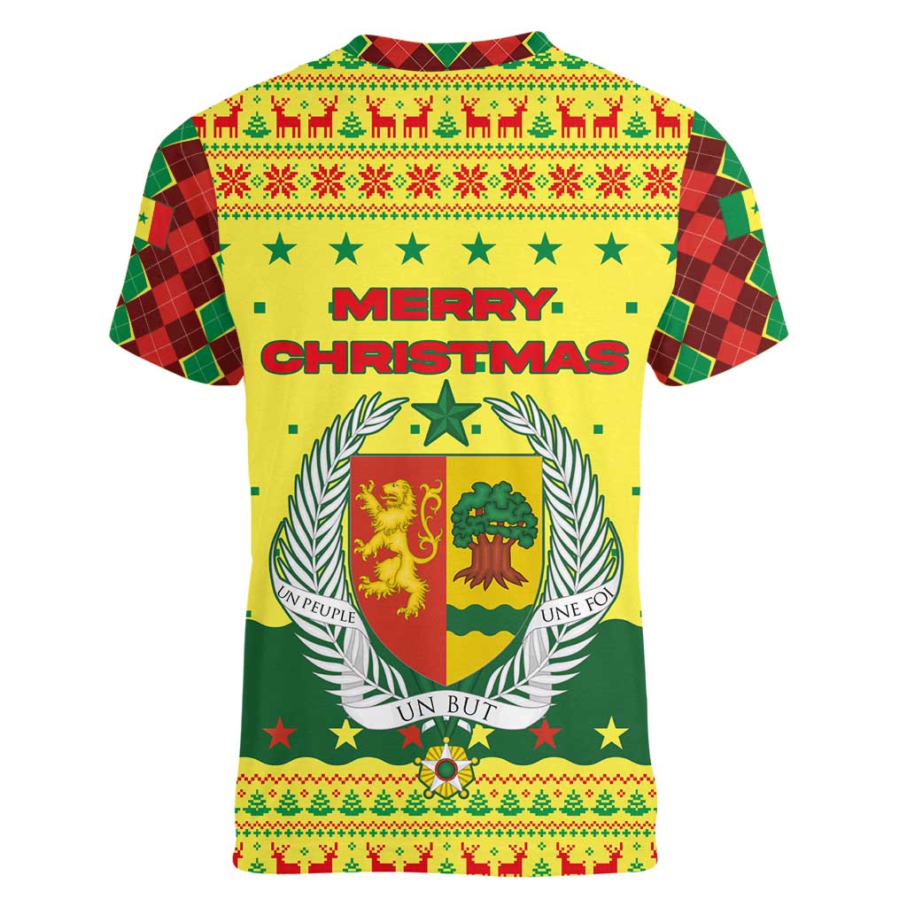 Senegal Christmas Women V-Neck T-Shirt with Yellow-Green-Red Design, Baobab Tree, and National Coat of Arms Motif - Wonder Print Shop