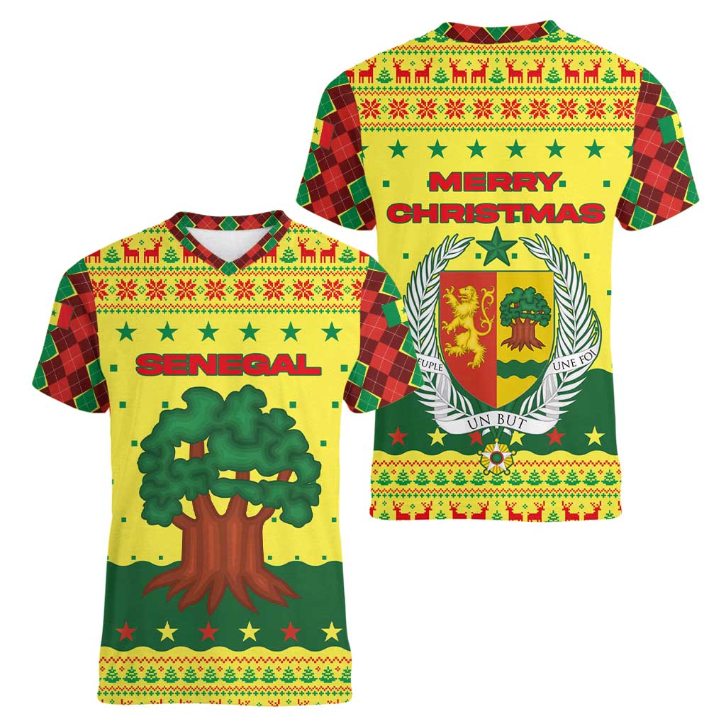 Senegal Christmas Women V-Neck T-Shirt with Yellow-Green-Red Design, Baobab Tree, and National Coat of Arms Motif - Wonder Print Shop