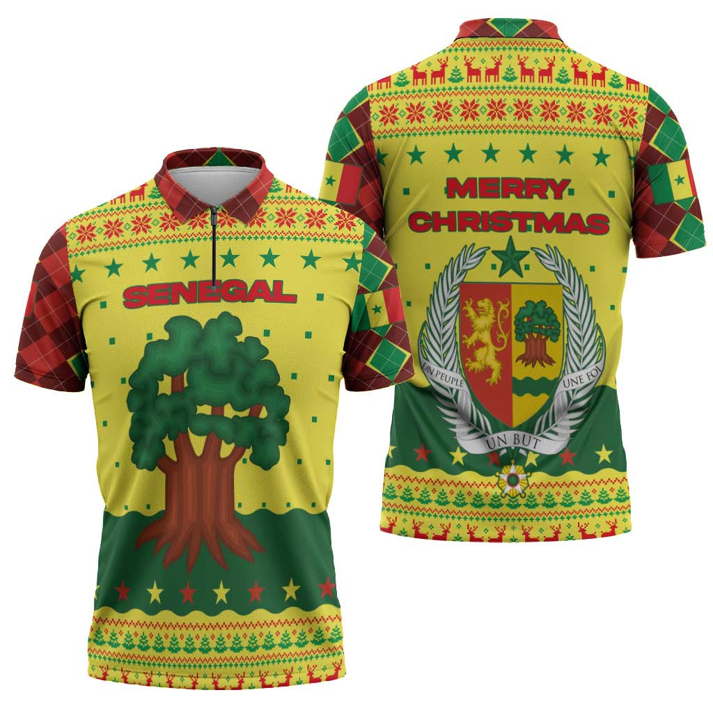 Senegal Christmas Zipper Polo Shirt with Yellow-Green-Red Design, Baobab Tree, and National Coat of Arms Motif - Wonder Print Shop