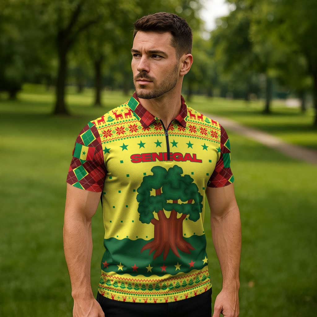 Senegal Christmas Zipper Polo Shirt with Yellow-Green-Red Design, Baobab Tree, and National Coat of Arms Motif - Wonder Print Shop
