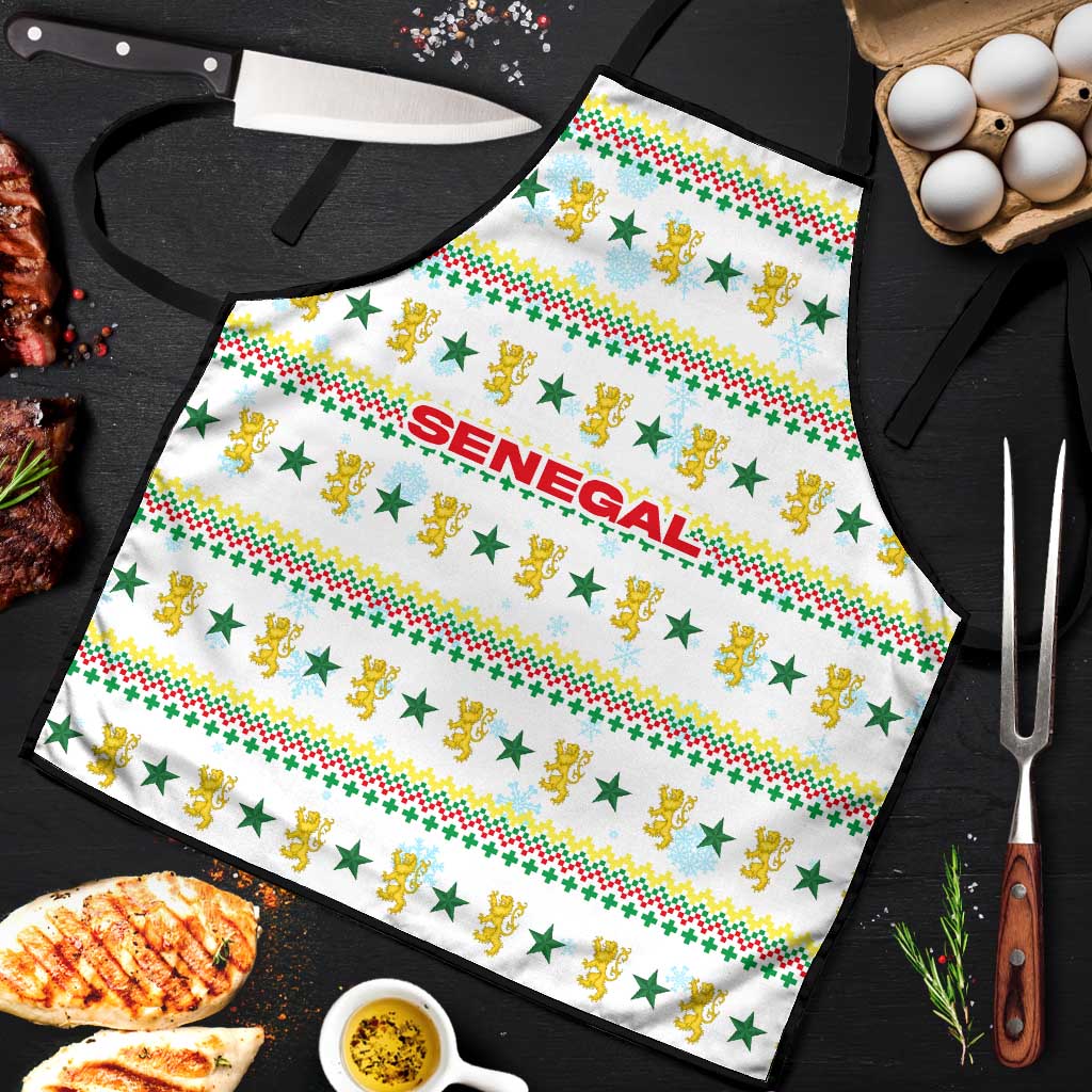 Senegal Christmas Apron with White-Green-Yellow Design, Golden Lion, and Festive Stars Motif - Wonder Print Shop