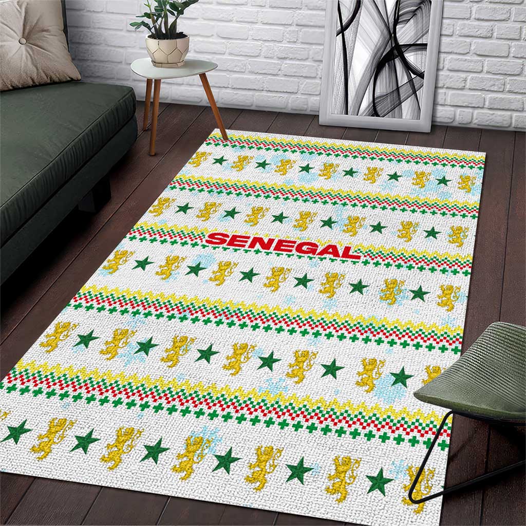Senegal Christmas Area Rug with White-Green-Yellow Design, Golden Lion, and Festive Stars Motif - Wonder Print Shop