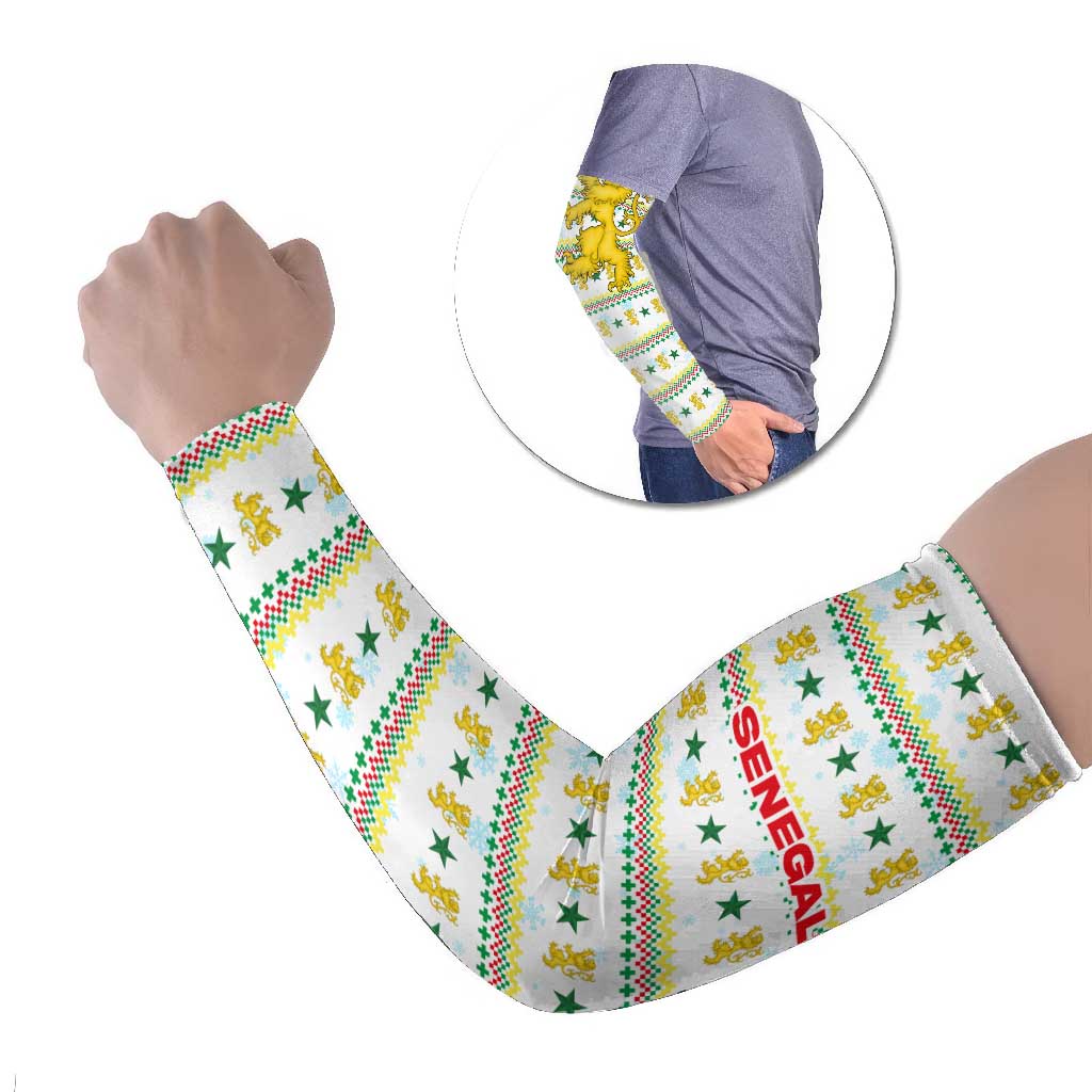 Senegal Christmas Arm Sleeves with White-Green-Yellow Design, Golden Lion, and Festive Stars Motif - Wonder Print Shop