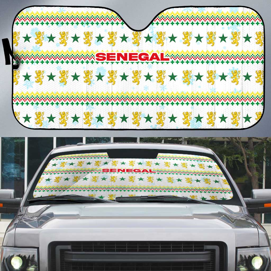 Senegal Christmas Auto Sun Shade with White-Green-Yellow Design, Golden Lion, and Festive Stars Motif - Wonder Print Shop