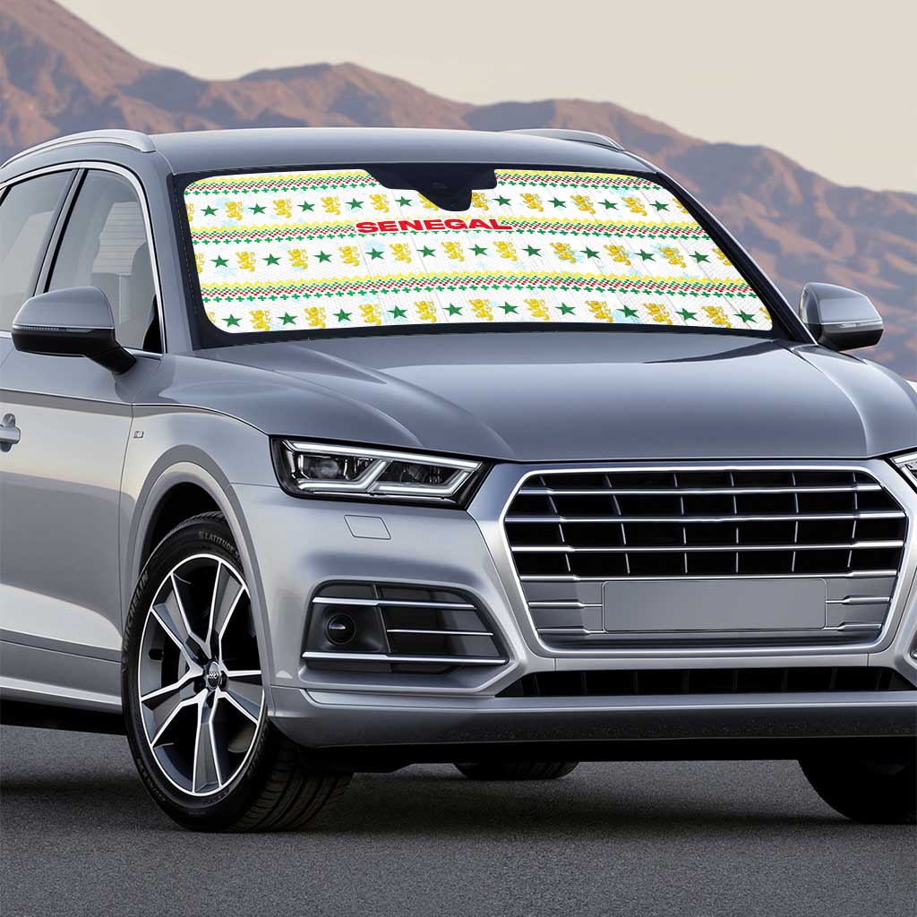 Senegal Christmas Auto Sun Shade with White-Green-Yellow Design, Golden Lion, and Festive Stars Motif - Wonder Print Shop