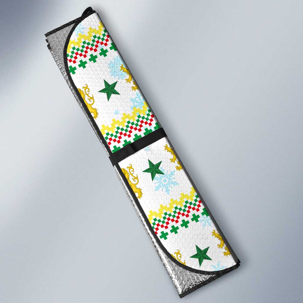 Senegal Christmas Auto Sun Shade with White-Green-Yellow Design, Golden Lion, and Festive Stars Motif - Wonder Print Shop